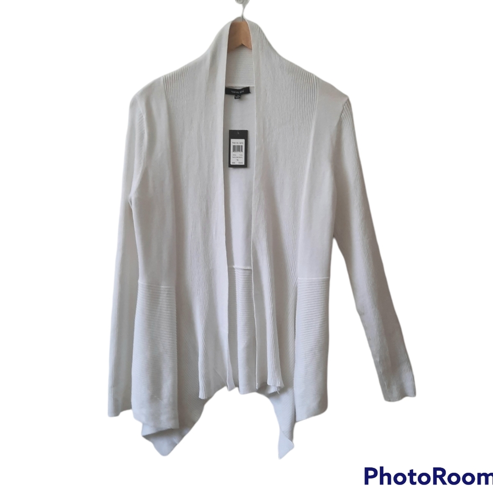 Verve Ami White Cardigan Open Front Draped Ribbed Knit Long Sleeve NWT Size M